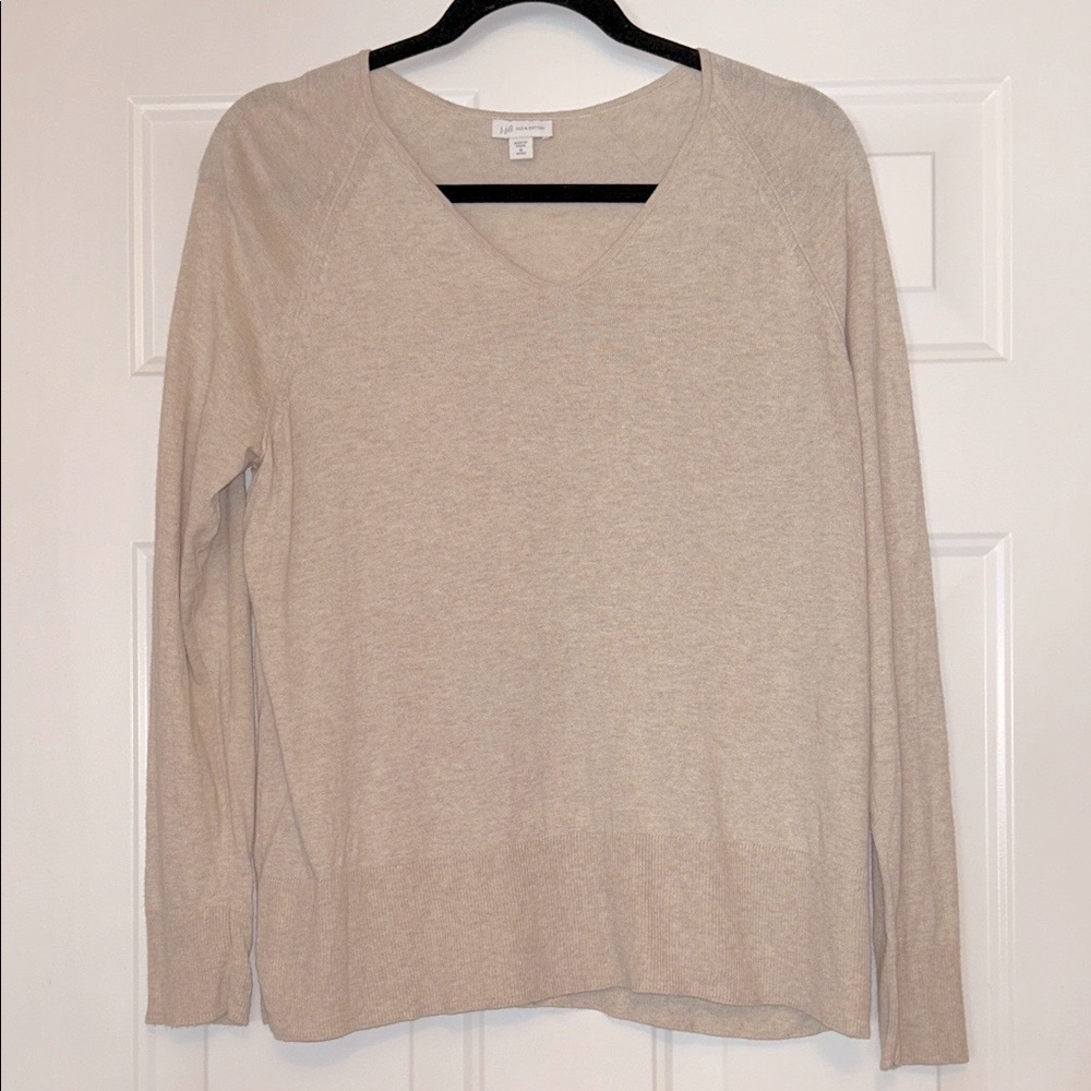 J. Jill Silk Cotton V-Neck Pullover Sweater M Oatmeal Lightweight Casual Basic